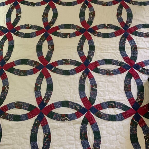 Vintage Hand Stitched Double Wedding Ring Quilt Patchwork Multicolored 82 x 98 - Picture 3 of 8